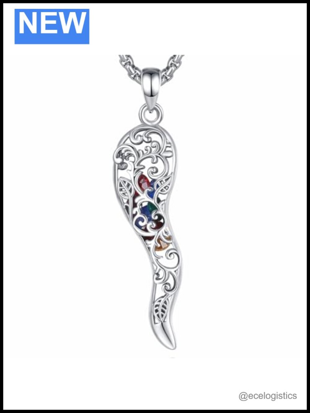925 Sterling Silver Cornicello Italian Horn Pendant Necklace with Zircon
